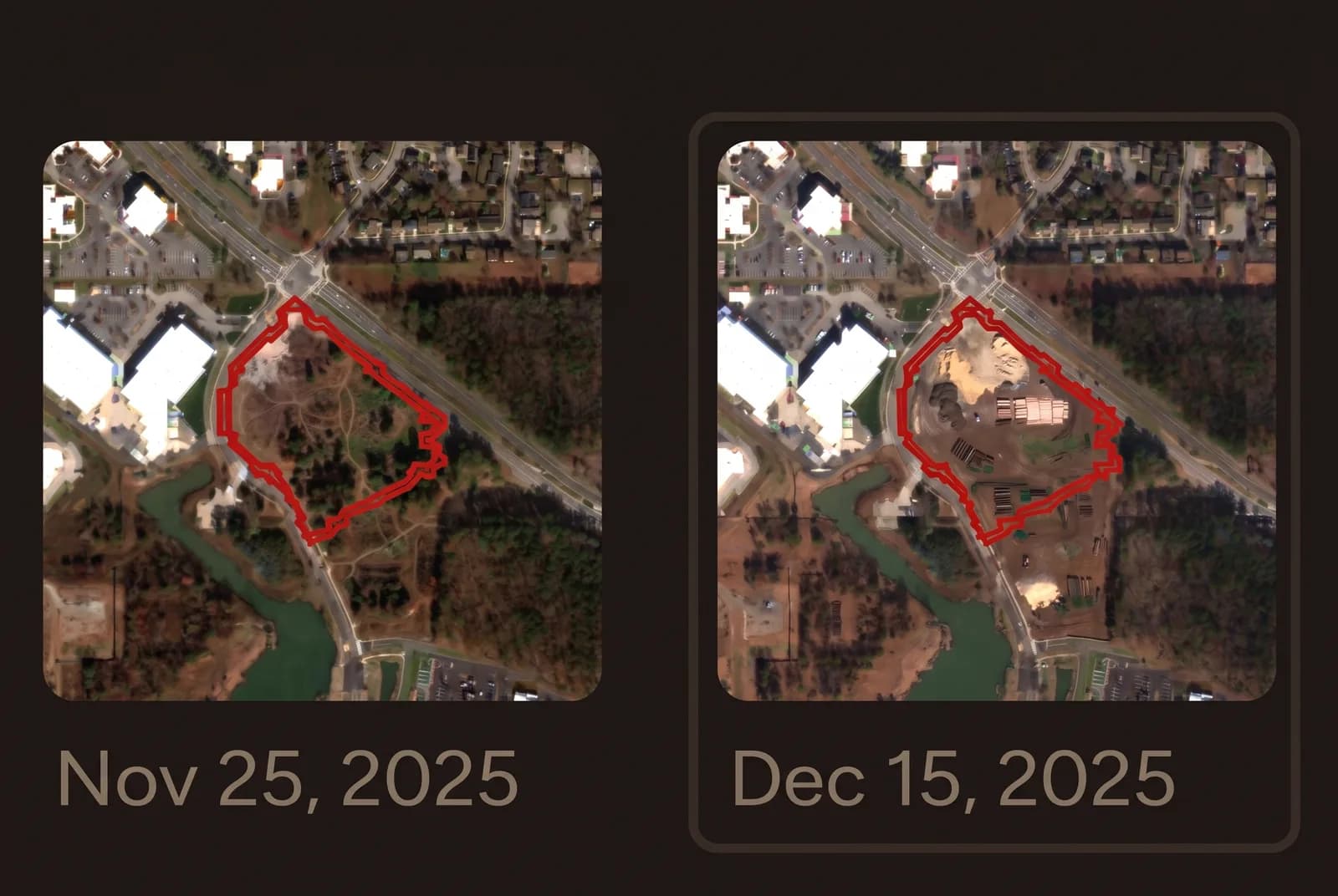 Two satellite images of the same commercial lot twenty days apart, the site boundary outlined. The second shows the ground cleared and materials staged.